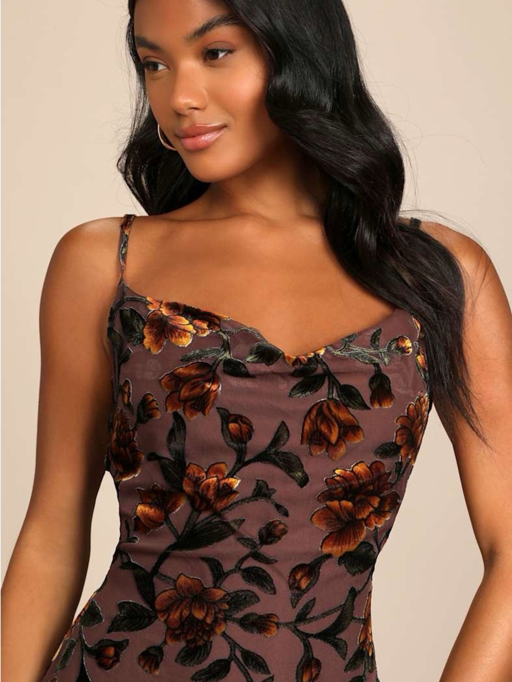 Lulu's Brown Floral Velvet Maxi Dress - Picture 3 of 10